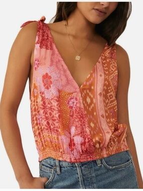 Free People Pink & Coral Printed Tie-Shoulder Blouse M
